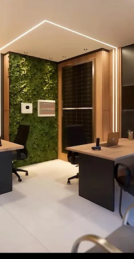 Escritório da EcoSolar com jardim vertical de plantas naturais, madeira clara e tons neutros